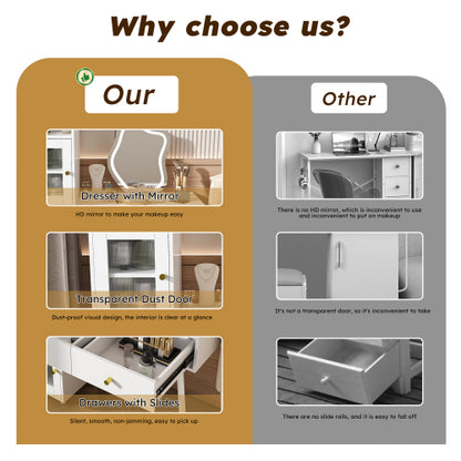 Vanity Dressing Table with LED Mirror & Storage – White Makeup Desk Features 3 Drawers, 2 Open Shelves & 4 Hidden Cabinets (Transparent Doors) - 3 Adjustable Lighting Modes - Ideal for Bedroom or Livi