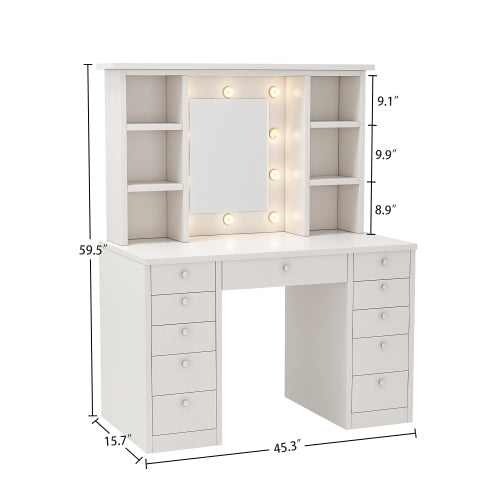 Vanity Desk with LED Lighted Mirror, Makeup Vanity with 11Drawers, 3 Color Lighting Modes Brightness Adjustable, Hidden Wiring, Dressing Table for Bedroom, White