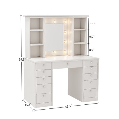 Vanity Desk with LED Lighted Mirror, Makeup Vanity with 11Drawers, 3 Color Lighting Modes Brightness Adjustable, Hidden Wiring, Dressing Table for Bedroom, White