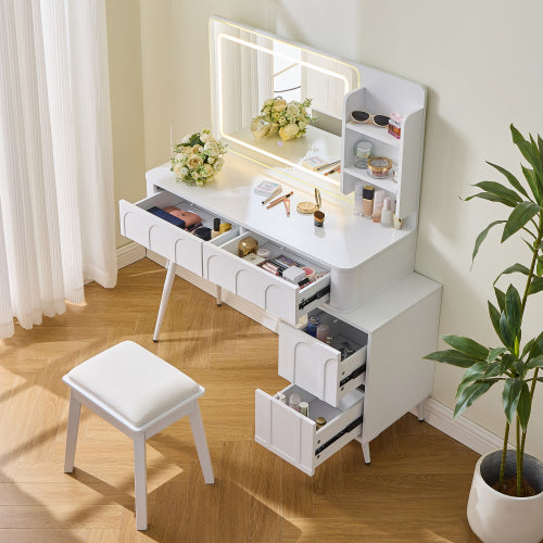 Modern Makeup Vanity Desk with LED Lights & Mirror, 4 Drawer Dressing Table Set with Stool, 3 Colors Dimmable Brightness, Space-Saving for Bedroom, White