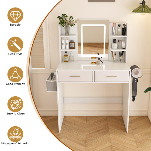 LED Mirror Vanity Dressing Table with Lights for Women & Girls - 3-Color Adjustable Light Strips, 2 Large Drawers, Hair Dryer Stand & Non-Woven Storage Bag, Makeup Desk Bedroom Furniture