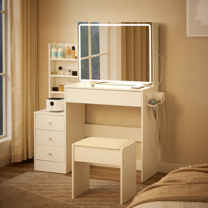 Vanity table with LED-lit mirror with power outlet and hairdryer shelving, with 4 drawers and upholstered stool, brightness adjustable in 3 lighting modes, storage table, White,43.3"L *15.7"W *55.4"H