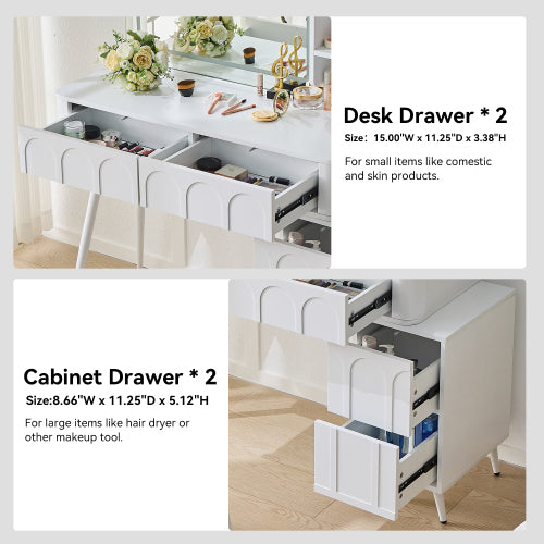 Modern Makeup Vanity Desk with LED Lights & Mirror, 4 Drawer Dressing Table Set with Stool, 3 Colors Dimmable Brightness, Space-Saving for Bedroom, White