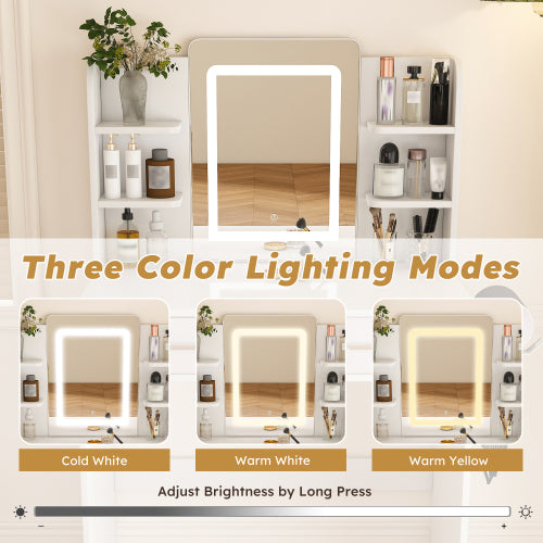 LED Mirror Vanity Dressing Table with Lights for Women & Girls - 3-Color Adjustable Light Strips, 2 Large Drawers, Hair Dryer Stand & Non-Woven Storage Bag, Makeup Desk Bedroom Furniture