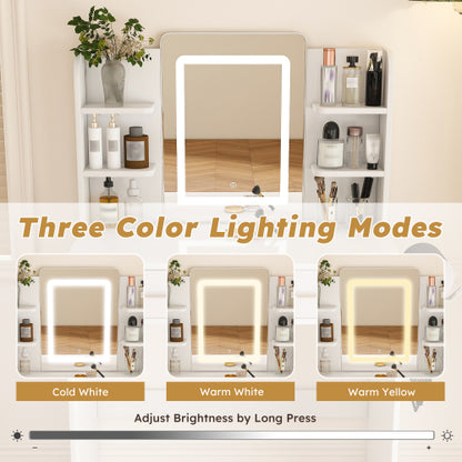 LED Mirror Vanity Dressing Table with Lights for Women & Girls - 3-Color Adjustable Light Strips, 2 Large Drawers, Hair Dryer Stand & Non-Woven Storage Bag, Makeup Desk Bedroom Furniture