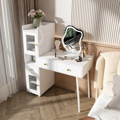 Vanity Dressing Table with LED Mirror & Storage – White Makeup Desk Features 3 Drawers, 2 Open Shelves & 4 Hidden Cabinets (Transparent Doors) - 3 Adjustable Lighting Modes - Ideal for Bedroom or Livi