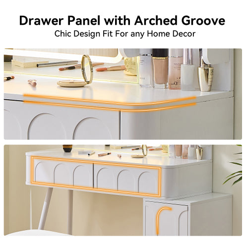 Modern Makeup Vanity Desk with LED Lights & Mirror, 4 Drawer Dressing Table Set with Stool, 3 Colors Dimmable Brightness, Space-Saving for Bedroom, White