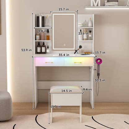 Vanity Desk with LED Lights Mirror & Power Outlet,Vanity Table Set with Storage Drawers & Chair, 3 Lighting Modes & Led RGB Adjustable Brightness, Dressing Table for Women Girls Bedroom, White
