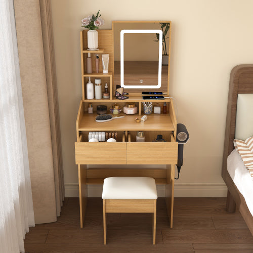 Vanity Table with LED-Illuminated Mirror, Power Outlet, Hairdryer Holder & Stool – Compact Dressing Desk for Small Bedrooms(Wood)