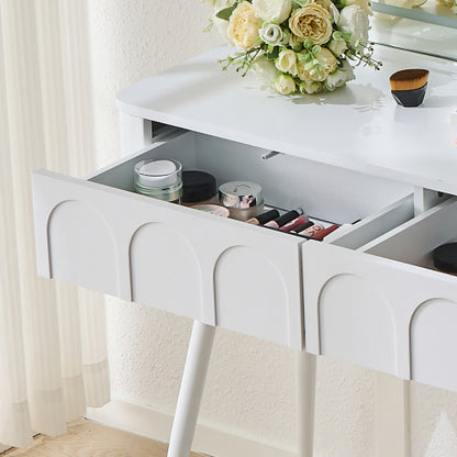 Modern Makeup Vanity Desk with LED Lights & Mirror, 4 Drawer Dressing Table Set with Stool, 3 Colors Dimmable Brightness, Space-Saving for Bedroom, White