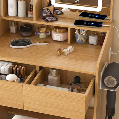 Vanity Table with LED-Illuminated Mirror, Power Outlet, Hairdryer Holder & Stool – Compact Dressing Desk for Small Bedrooms(Wood)