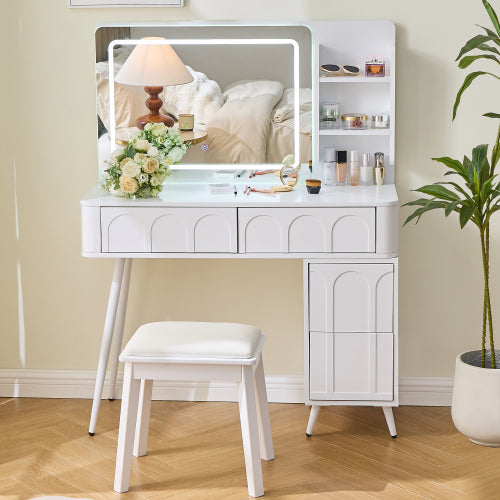 Modern Makeup Vanity Desk with LED Lights & Mirror, 4 Drawer Dressing Table Set with Stool, 3 Colors Dimmable Brightness, Space-Saving for Bedroom, White