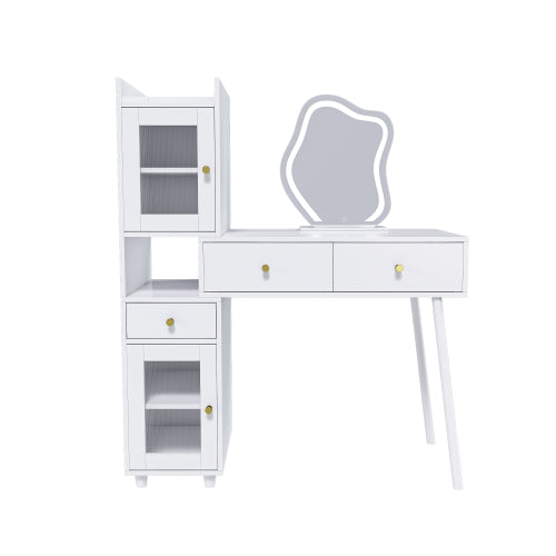 Vanity Dressing Table with LED Mirror & Storage – White Makeup Desk Features 3 Drawers, 2 Open Shelves & 4 Hidden Cabinets (Transparent Doors) - 3 Adjustable Lighting Modes - Ideal for Bedroom or Livi