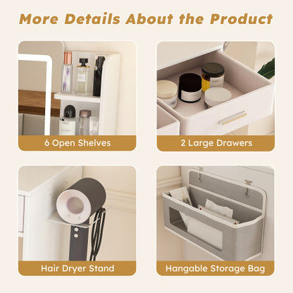 LED Mirror Vanity Dressing Table with Lights for Women & Girls - 3-Color Adjustable Light Strips, 2 Large Drawers, Hair Dryer Stand & Non-Woven Storage Bag, Makeup Desk Bedroom Furniture