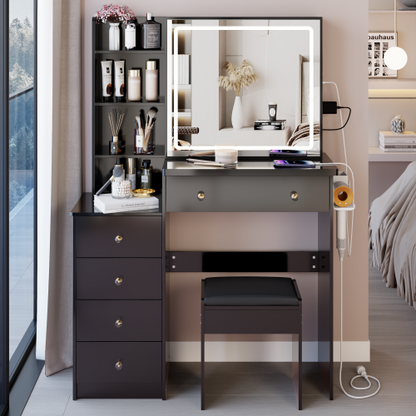 37" Middle Size Left Bedside Cabinet Vanity Table + Cushioned Stool Dresser Set, 2 AC+2 USB Socket, Hair Dryer Stand, Large Touch Control LED Sliding Mirror, 3-color Switch, EPA, GCC, UL Certificate