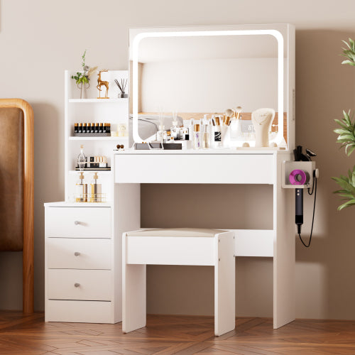 Vanity table with LED-lit mirror with power outlet and hairdryer shelving, with 4 drawers and upholstered stool, brightness adjustable in 3 lighting modes, storage table, White,43.3"L *15.7"W *55.4"H
