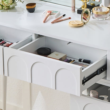 Modern Makeup Vanity Desk with LED Lights & Mirror, 4 Drawer Dressing Table Set with Stool, 3 Colors Dimmable Brightness, Space-Saving for Bedroom, White