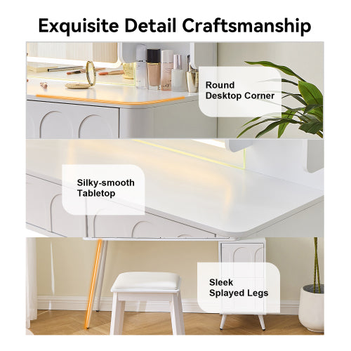 Modern Makeup Vanity Desk with LED Lights & Mirror, 4 Drawer Dressing Table Set with Stool, 3 Colors Dimmable Brightness, Space-Saving for Bedroom, White