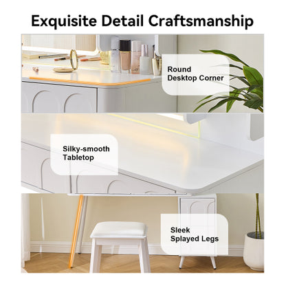 Modern Makeup Vanity Desk with LED Lights & Mirror, 4 Drawer Dressing Table Set with Stool, 3 Colors Dimmable Brightness, Space-Saving for Bedroom, White