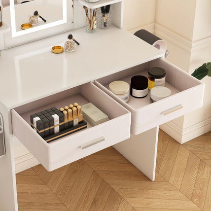 LED Mirror Vanity Dressing Table with Lights for Women & Girls - 3-Color Adjustable Light Strips, 2 Large Drawers, Hair Dryer Stand & Non-Woven Storage Bag, Makeup Desk Bedroom Furniture