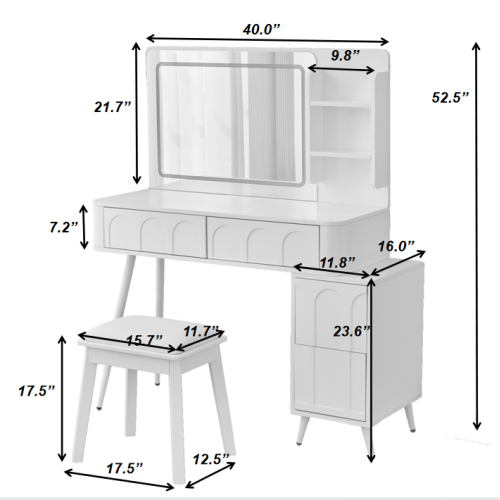 Modern Makeup Vanity Desk with LED Lights & Mirror, 4 Drawer Dressing Table Set with Stool, 3 Colors Dimmable Brightness, Space-Saving for Bedroom, White