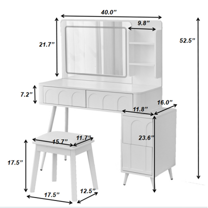 Modern Makeup Vanity Desk with LED Lights & Mirror, 4 Drawer Dressing Table Set with Stool, 3 Colors Dimmable Brightness, Space-Saving for Bedroom, White