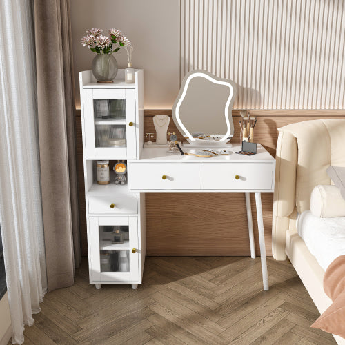 Vanity Dressing Table with LED Mirror & Storage – White Makeup Desk Features 3 Drawers, 2 Open Shelves & 4 Hidden Cabinets (Transparent Doors) - 3 Adjustable Lighting Modes - Ideal for Bedroom or Livi