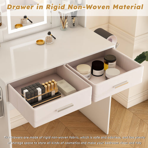 LED Mirror Vanity Dressing Table with Lights for Women & Girls - 3-Color Adjustable Light Strips, 2 Large Drawers, Hair Dryer Stand & Non-Woven Storage Bag, Makeup Desk Bedroom Furniture