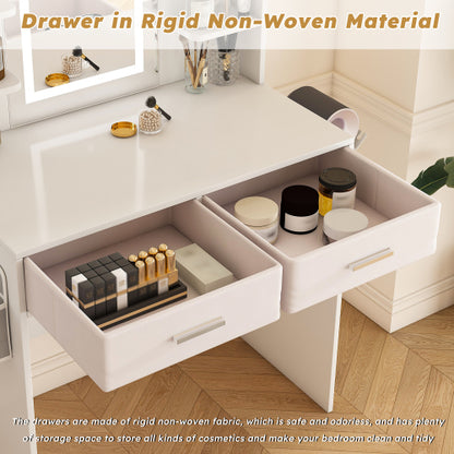 LED Mirror Vanity Dressing Table with Lights for Women & Girls - 3-Color Adjustable Light Strips, 2 Large Drawers, Hair Dryer Stand & Non-Woven Storage Bag, Makeup Desk Bedroom Furniture