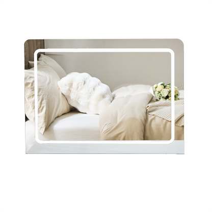 Modern Makeup Vanity Desk with LED Lights & Mirror, 4 Drawer Dressing Table Set with Stool, 3 Colors Dimmable Brightness, Space-Saving for Bedroom, White