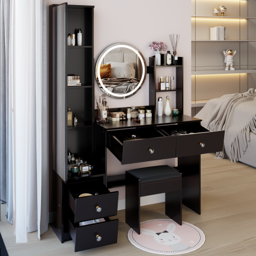 Full Body Mirror Cabinet + Round Mirror LED Vanity Table + Cushioned Stool, 17" diameter LED Mirror, Touch Control, 3-color, Brightness adjustable, Large Desktop, Multi-layer High Capacity Storage
