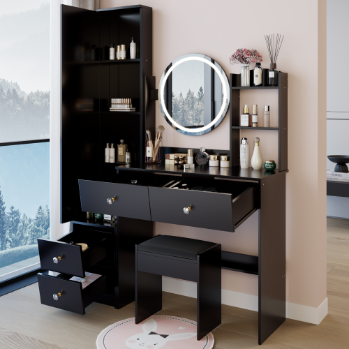 Full Body Mirror Cabinet + Round Mirror LED Vanity Table + Cushioned Stool, 17" diameter LED Mirror, Touch Control, 3-color, Brightness adjustable, Large Desktop, Multi-layer High Capacity Storage