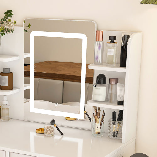 LED Mirror Vanity Dressing Table with Lights for Women & Girls - 3-Color Adjustable Light Strips, 2 Large Drawers, Hair Dryer Stand & Non-Woven Storage Bag, Makeup Desk Bedroom Furniture