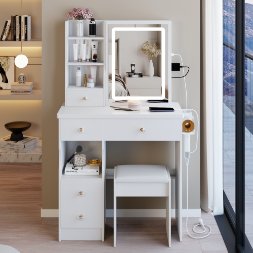 29.2" Small Size Left Drawer Desktop Vanity Table + Cushioned Stool, 2 AC+2 USB Power Station, Hair dryer bracket, Extra Large Touch Control Sliding LED Mirror, Tri-color Switching, Brightness Adjust