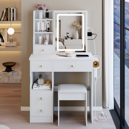 29.2" Small Size Left Drawer Desktop Vanity Table + Cushioned Stool, 2 AC+2 USB Power Station, Hair dryer bracket, Extra Large Touch Control Sliding LED Mirror, Tri-color Switching, Brightness Adjust