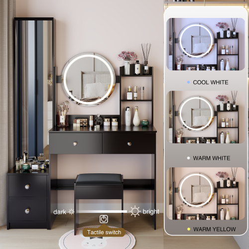 Full Body Mirror Cabinet + Round Mirror LED Vanity Table + Cushioned Stool, 17" diameter LED Mirror, Touch Control, 3-color, Brightness adjustable, Large Desktop, Multi-layer High Capacity Storage